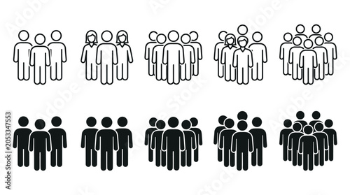 Collection of simple line art and silhouette icons representing groups of people in various formations