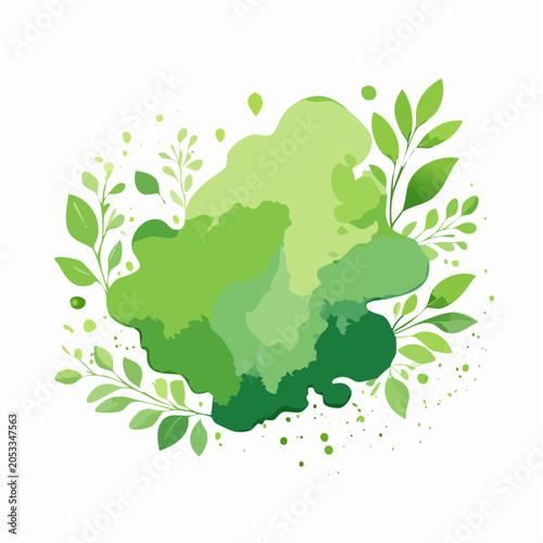 Green watercolor splash with leaves and nature elements