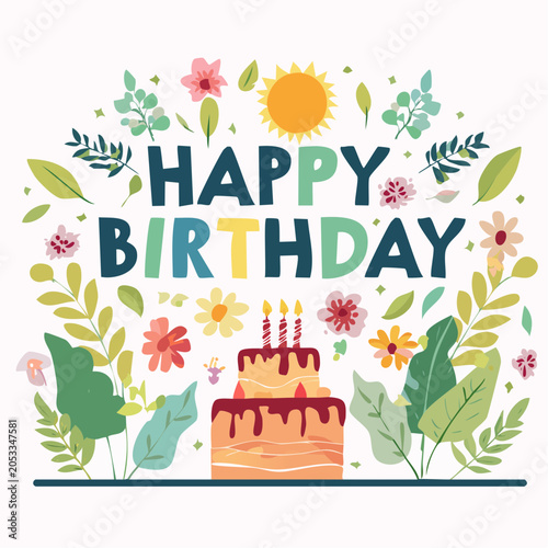 Happy Birthday Greeting Card with Cake and Floral Elements