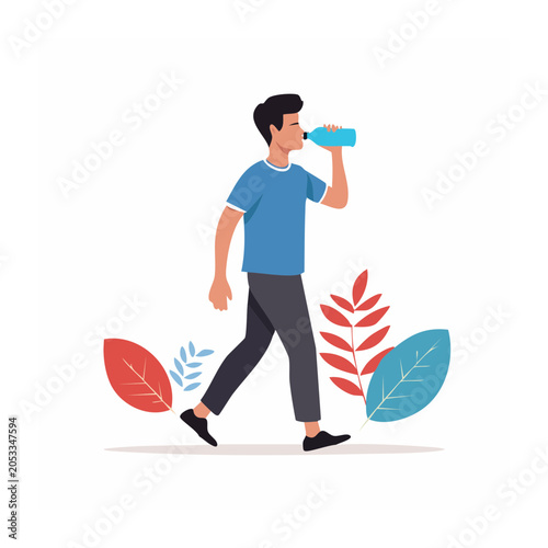 Man walking and drinking water from a bottle