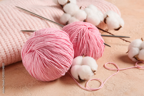 Pink yarn balls, knitting n...