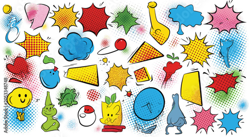 Retro Comic Book Speech Bubble and Abstract Element Set with Exploding Starburst Shapes, Halftone Texture Backgrounds, and Cute Doodle Characters for Graphic Designs