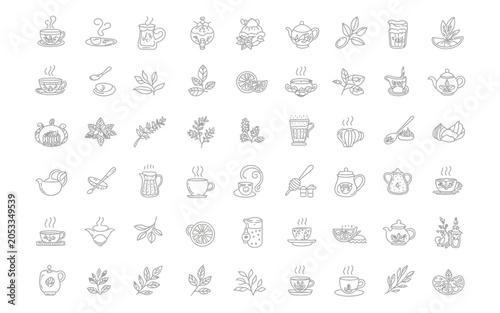 Elegant tea illustrations showcase cups, saucers, teapots, and steam designs.
