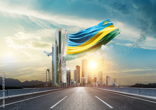 Εκτύπωση καμβά Rwanda flag waving with modern and developed landscape