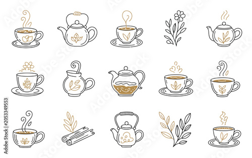 Collection of kitchen utensils and tea cups icons for design and decoration purposes