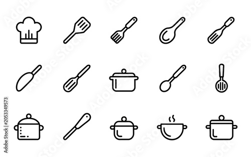 Collection of handdrawn kitchen utensils and cookware icons with chef hat and pot elements