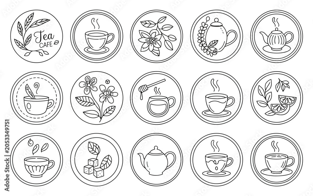 Fototapeta premium Collection of various coffee icons featuring different beverages and pastries