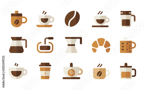 Collection of flat design coffee icons featuring cups beans brewers and mugs