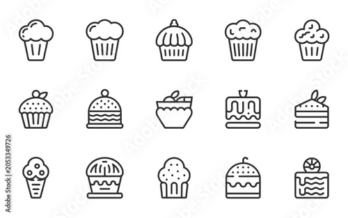 A collection of various cupcake and dessert icons featuring sweets and treats in flat design on a white background