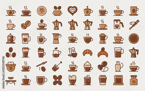 A collection of various coffee drinks and brewing equipment icons isolated on a clean background for design use.
