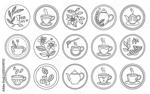 Collection of various coffee icons featuring different beverages and pastries