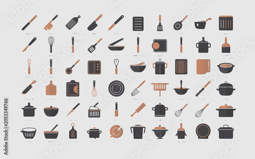 An illustration collection of various kitchen utensils and cookware displayed on a flat surface