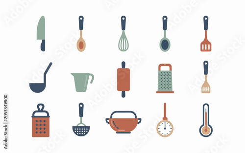 Collection of colorful kitchen tools and utensils icons for food apps or websites
