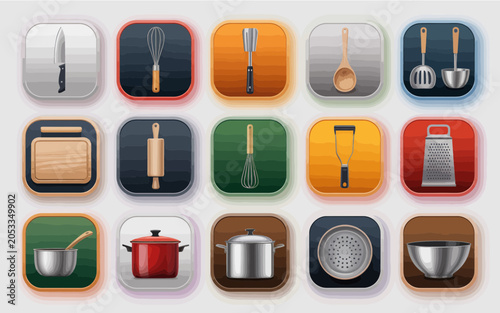 Vibrant illustrations of kitchen utensils and cookware on display