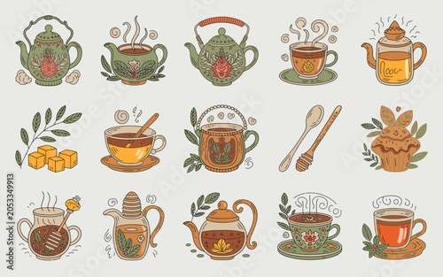 Various tea and beverage containers with steam and citrus elements are illustrated.