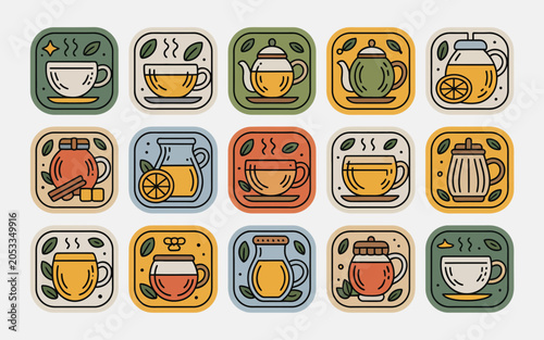 Flat design icons of coffee related items and beverages are illustrated on a transparent background for digital use with cups and teapots
