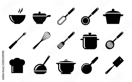 Collection of black and white icons featuring various baked goods icons pastries and kitchen utensils isolated on white background