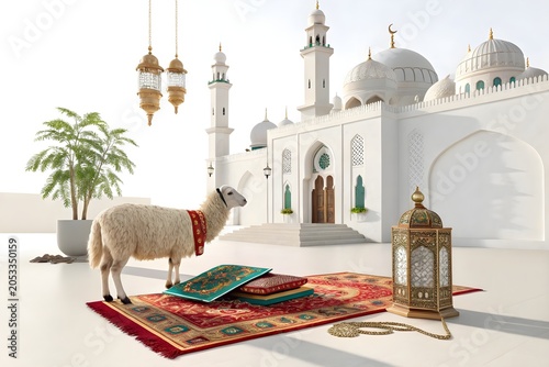 A white sheep standing on a colorful rug in front of a beautiful white mosque with domes and minarets