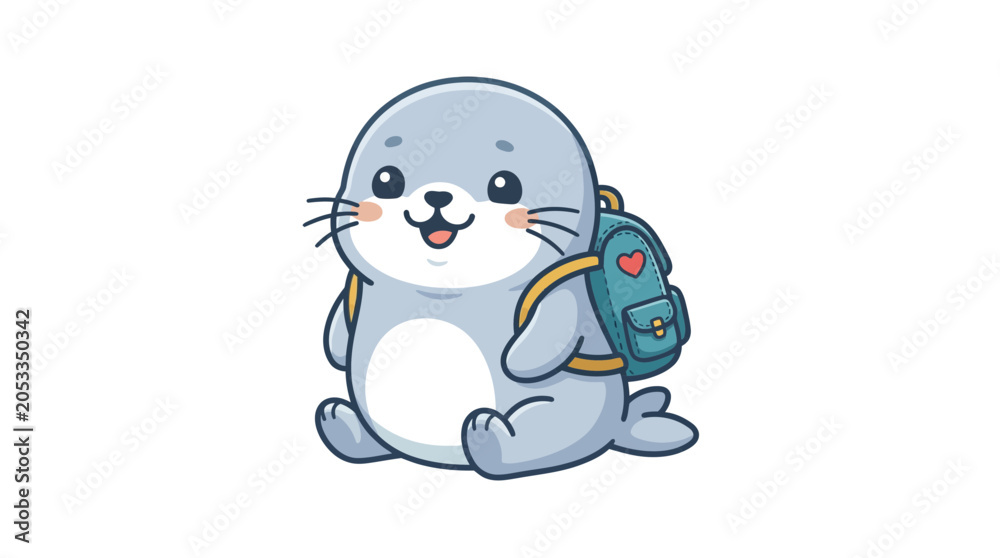 Fototapeta premium Cute Seal Cartoon Character with Backpack, Back to School
