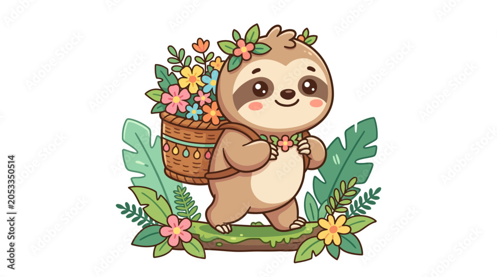 Fototapeta premium Cute Sloth Carrying Flowers in Basket, Cartoon Style