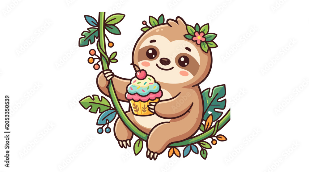 Fototapeta premium Cute Sloth Eating Cupcake on Vine with Flowers