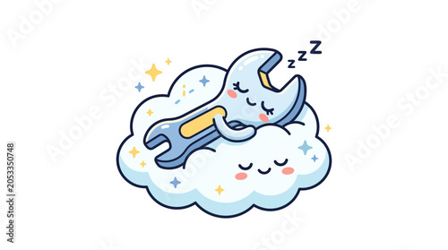 Fotografía Cute Wrench Sleeping on Cloud, Kawaii Style