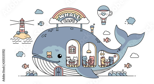 Photography Cute Whale Cafe Illustration with Animals and Lighthouse