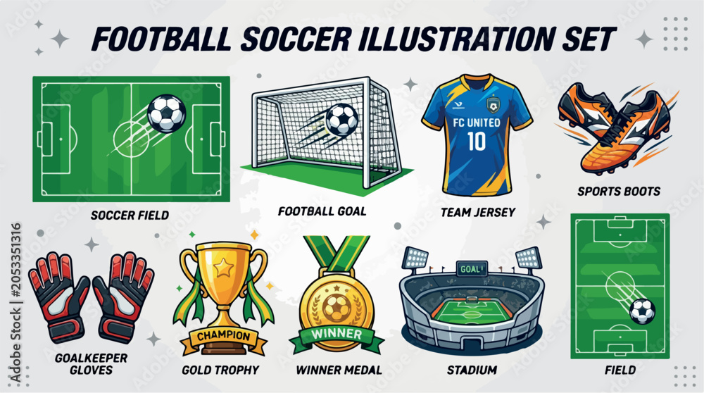 Obraz premium Football soccer illustration set, sports equipment icons with stadium and jersey, gold trophy and winner medal vector collection