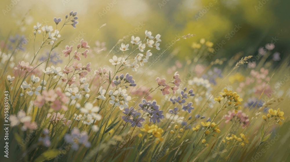 Obraz premium A vibrant meadow filled with delicate wildflowers in various pastel shades sways gently under soft sunlight, creating a serene and natural scene.