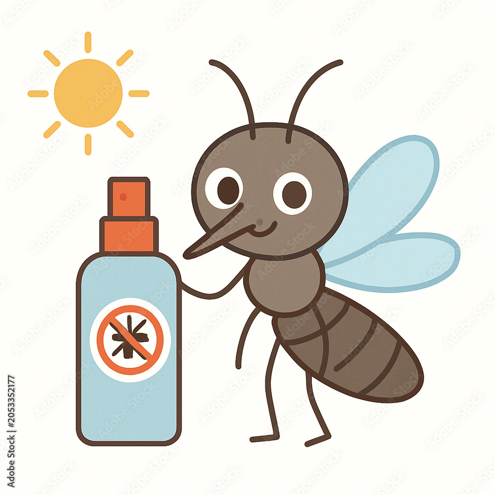 Fototapeta premium Cute Cartoon Mosquito with Repellent and Sun Illustration