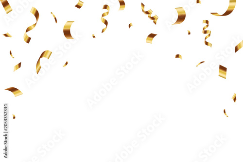 Gold confetti isolated on transparent background, celebration party background design with confetti and gold ribbons, Bright festive tinsel of gold color. Valentine’s Day, Birthday, Holiday, New Year,