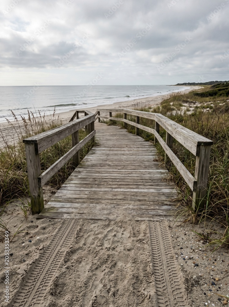 Obraz premium Empty accessible beach ramp with wheelchair tire marks in the sand, representing inclusive tourism, mobility access, and barrier-free travel.
