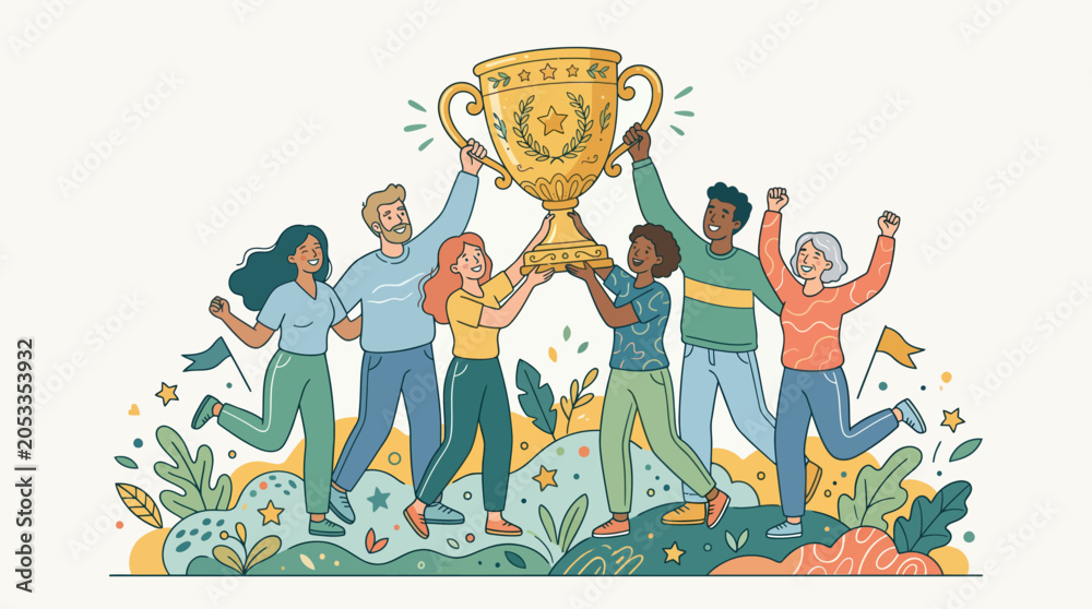 Fototapeta premium People celebrating with trophy in festive outdoor setting with confetti