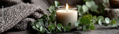 A lit candle surrounded by eucalyptus leaves and a cozy gray knitted blanket creates a warm, relaxing atmosphere.