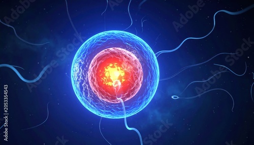 Sperm Cells Surrounding Human Egg Cell.