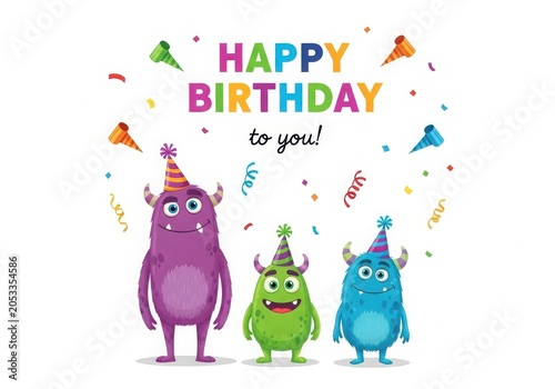 Happy birthday monsters with party hats