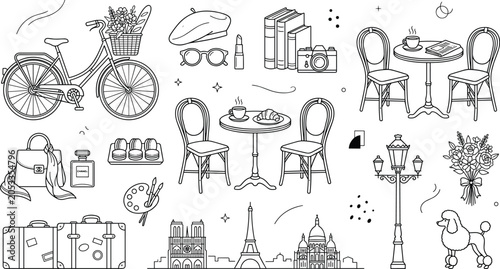 Paris Travel and French Bistro Culture Line Vector Icon Set with Eiffel Tower Cafe Table Bicycle Croissant Macarons Poodle and Landmark Symbols