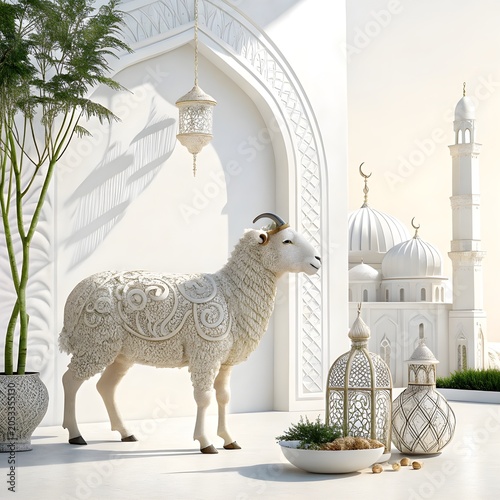 White ram with intricate design standing in front of a mosque with a white background and decorative lanterns and plants
