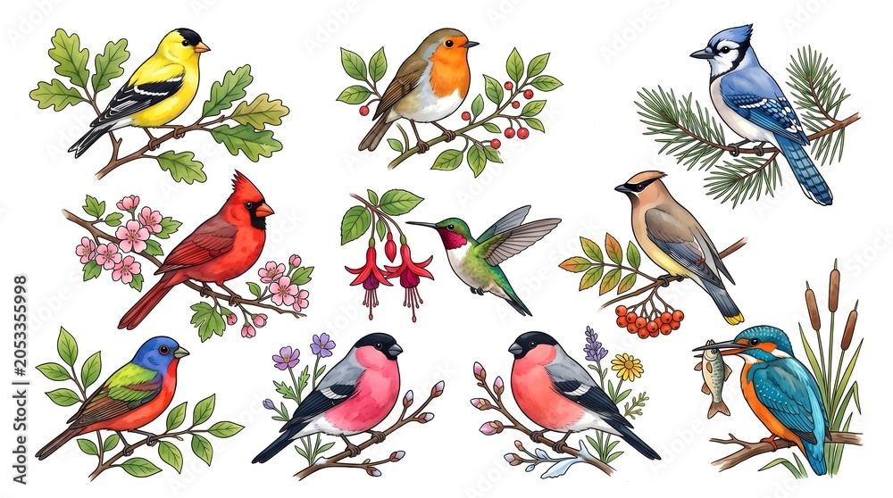 Fototapeta premium Watercolor Bird Species Collection Sheet With Detailed Feather Illustrations.