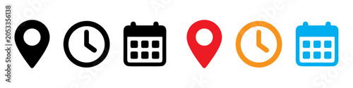 Time date and location icon vector illustration. Calendar, clock, and location pin icons.  Calendar, location pin, and clock icons with event symbol. Editable stroke.