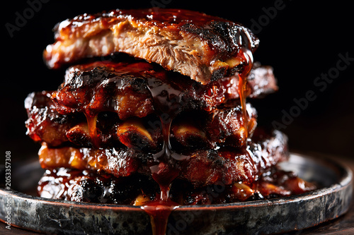 Slow cooked brown sugar glazed pork ribs stack on a rustic platter