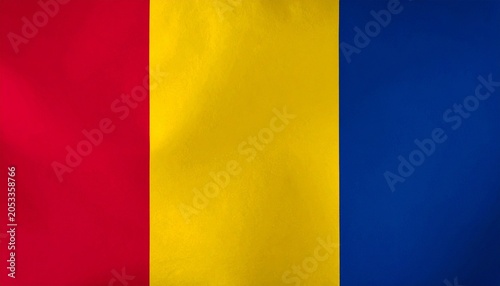 Flag of Romania with vertical stripes of blue yellow red.