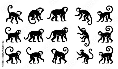 Photography Monkey Silhouette Collection Featuring Various Primate Poses and Expressions Vec