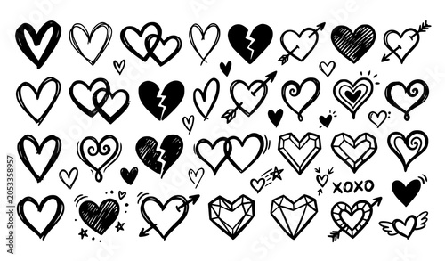 Heart Doodle Collection Featuring Love Symbols Romantic and Broken Heart Illustrations
