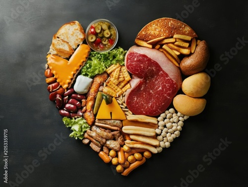 Assorted Savory Foods Arranged Into Heart Shaped Charcuterie Flat Lay