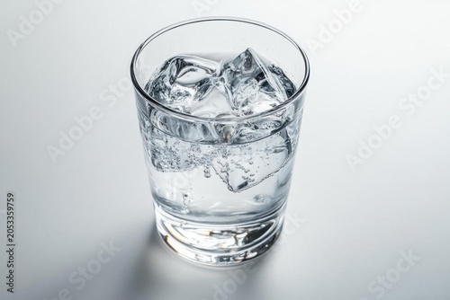 Chilled Ice Water in Short Glass Tumbler on White Minimalist Background