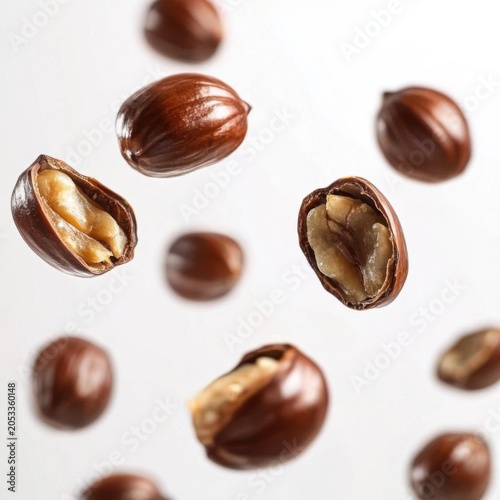 Flying Roasted Split Chestnuts on Minimalist White Background