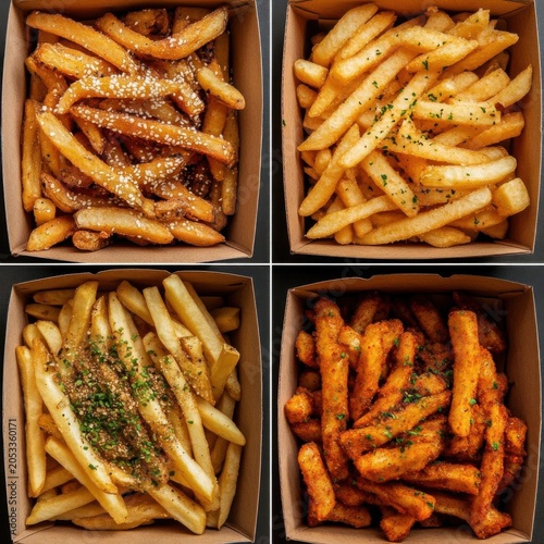 Four Unique Seasoned French Fry Takeout Containers Flat Lay