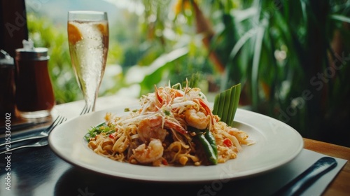 Gourmet Shrimp Pad Thai Meal at Tropical Outdoor Restaurant
