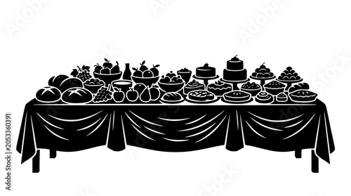 Black and white silhouette of a banquet table overflowing with food and desserts